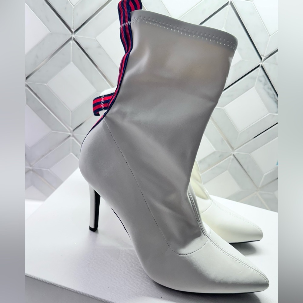 Women’s White Stiletto Booties with Black & Red Stripe
